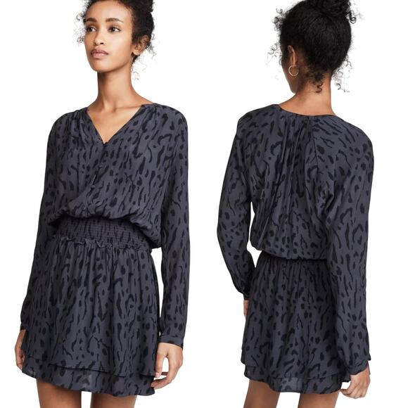 Rails Jasmine Mini Dress Cheetah Print Long Sleeve V Neck Rayon Viscose Gray S - Picture 1 of 10